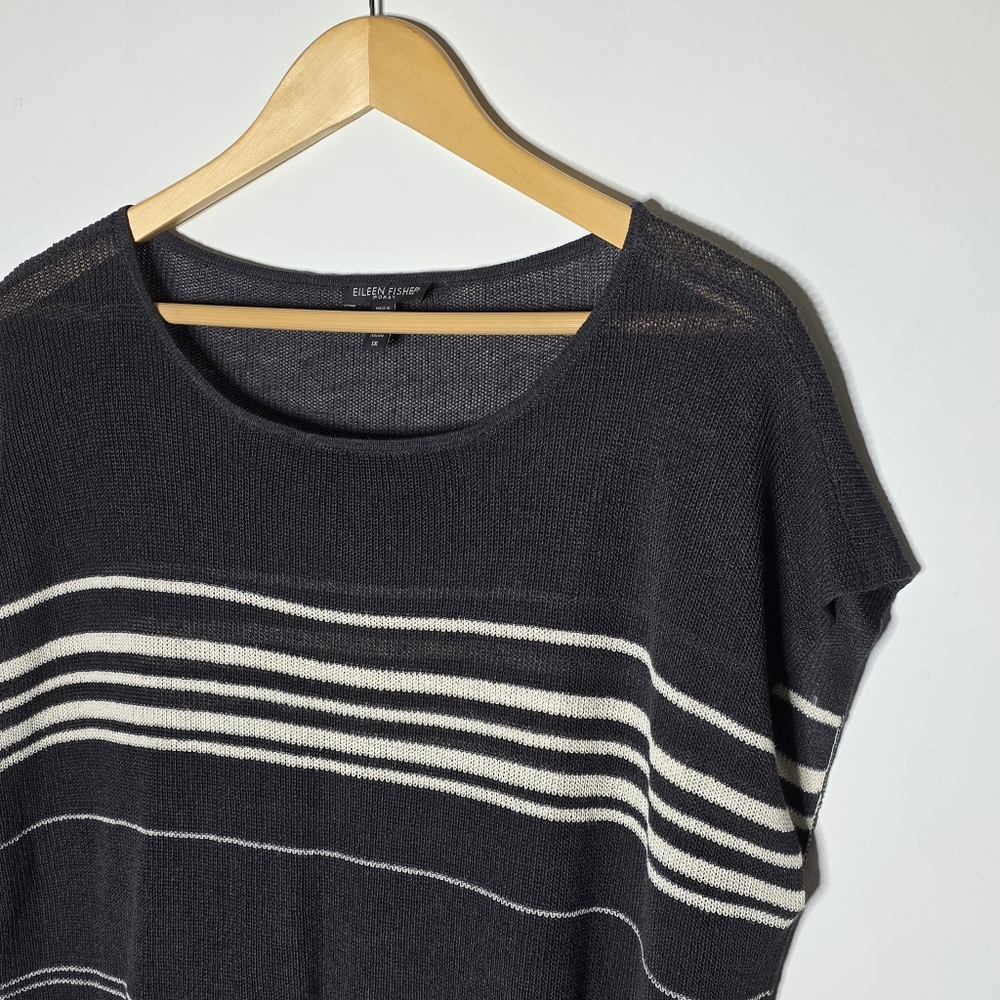 Eileen Fisher Black and white Striped Linen blend poncho style knit top Size 1X - Picture 8 of 8